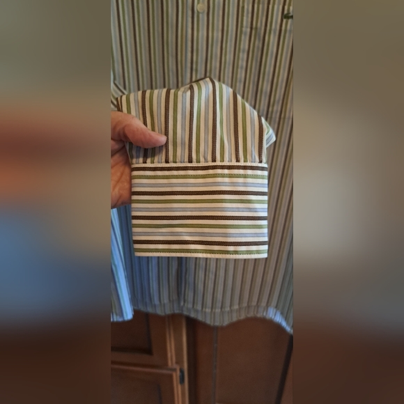 Lacoste Men's Size 44 Beige W/Green/Blue Strpd Alligator Logo  BTTN Down Shirt L - Picture 2 of 5